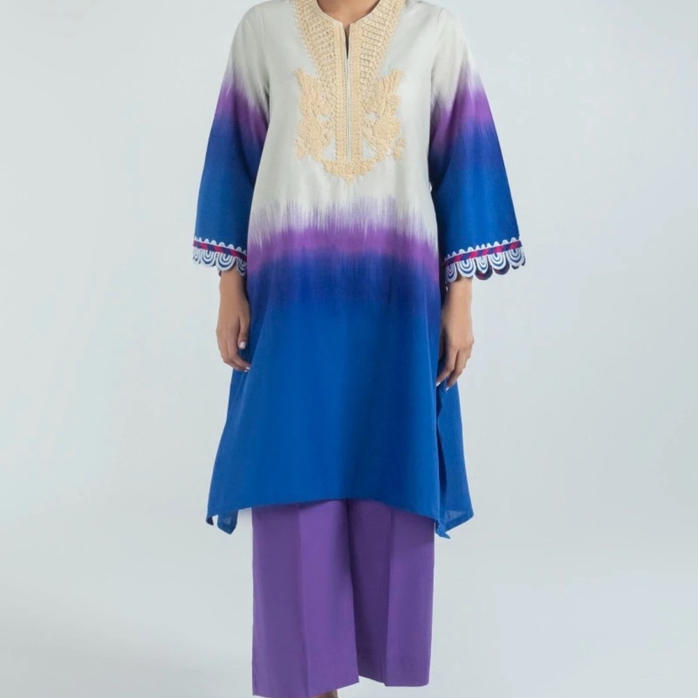 Sana Safinaz Blue and Purple Embroidered Ombre Kurti - Shirt Only (Size XL)